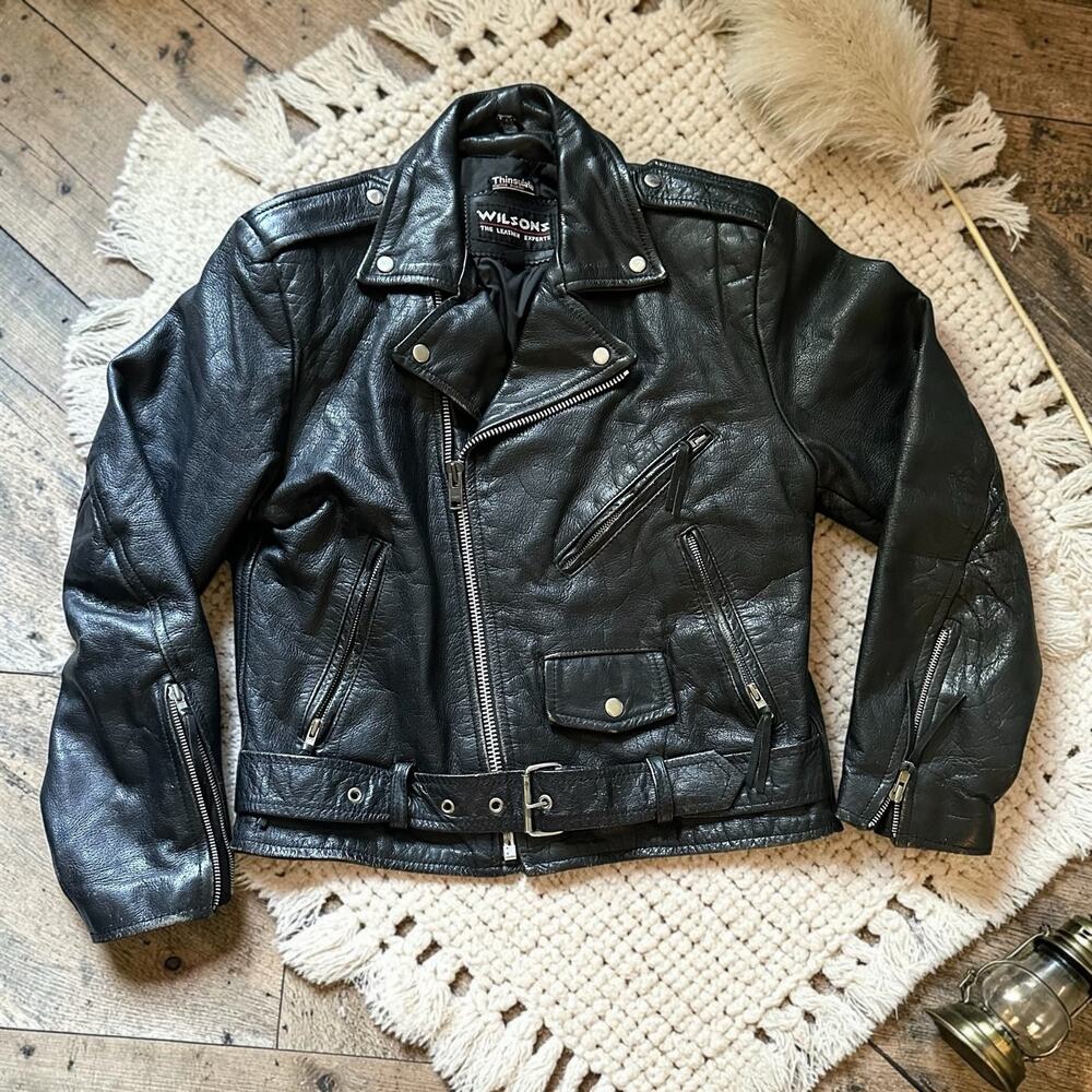 Vintage 90s Wilsons Leather Thinsulate Motorcycle Biker Jacket Black Mens M